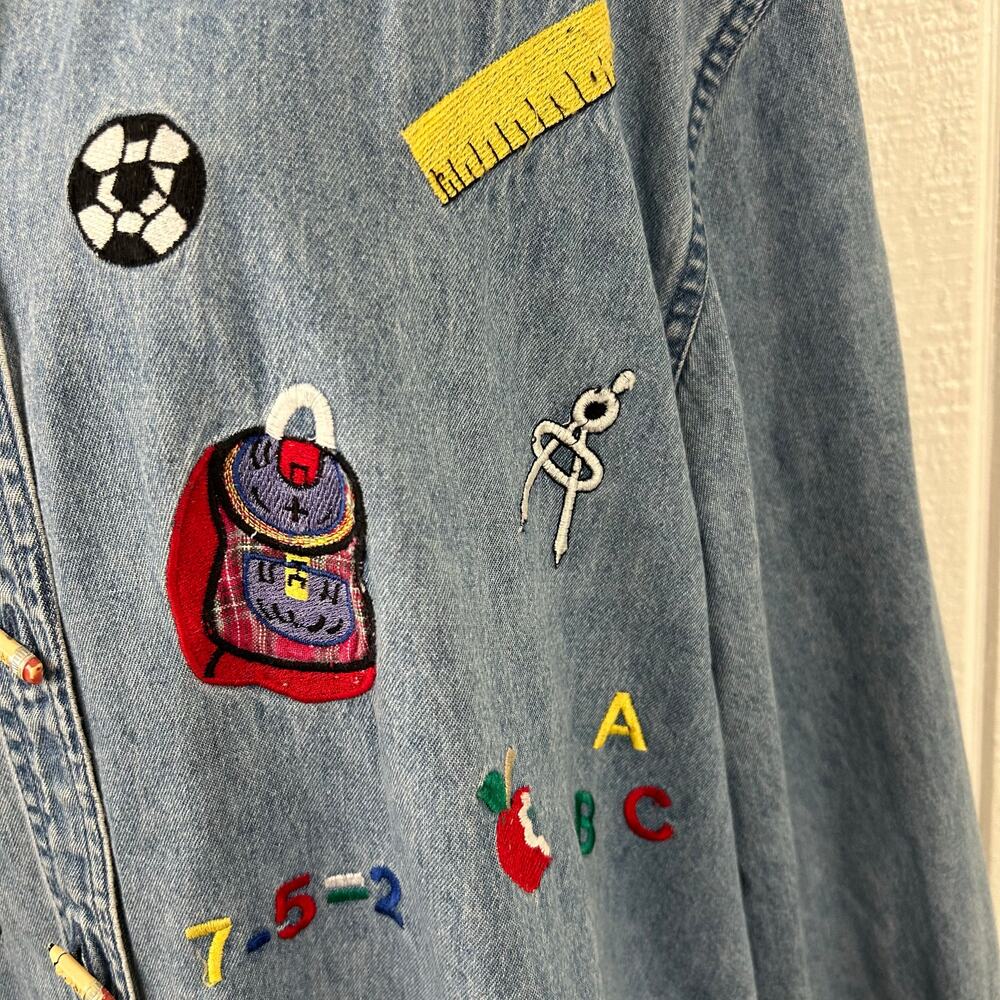 💗Sold💗not for sale💗Women Teacher Denim Button Up Top Long Sleeve Artsy School Bl - Picture 6 of 11